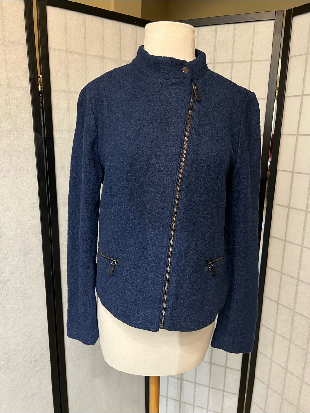Talbots Navy Asymmetrical Zip Blazer